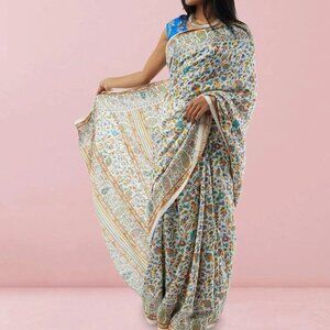 White Printed Kashmiri Silk Saree | Muvvas Boutique